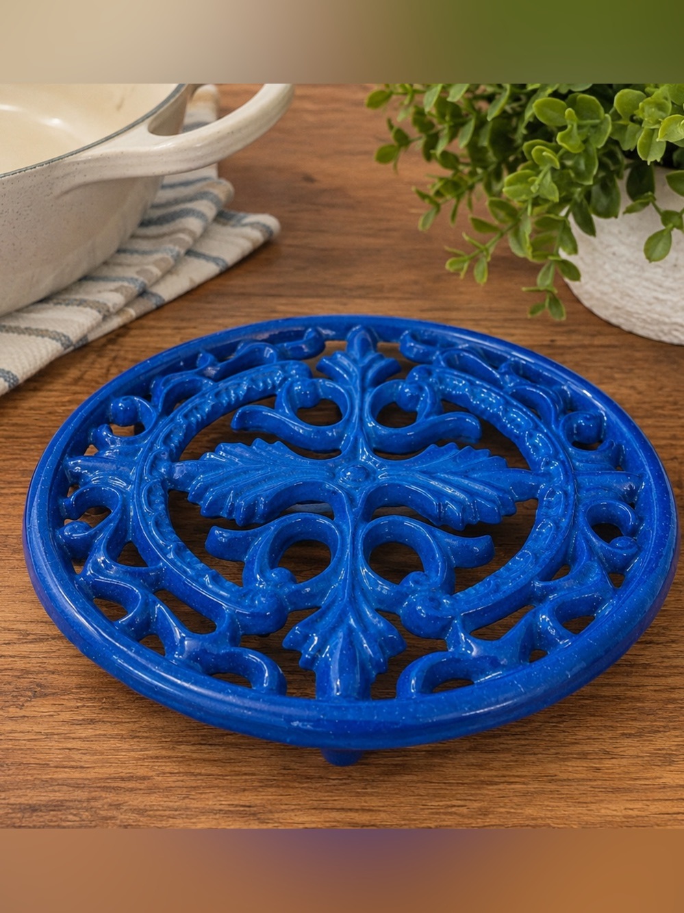 Blue Ornate Enamel coated Cast Iron Trivet